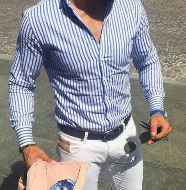 Мужская Повседневная рубашка Slim Fit полосатая с длинным рукавом официальные