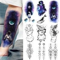 blue watercolor galaxy astronaut temporary tattoos outer space man body art fake tattoos stickers forearm planets thinker tatoos