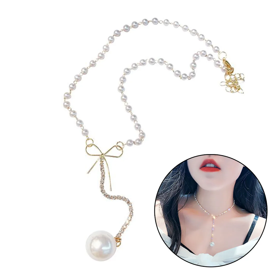 Woman Necklace Fake Pearl Bowknot Rhinestone Clavicle Pendant |