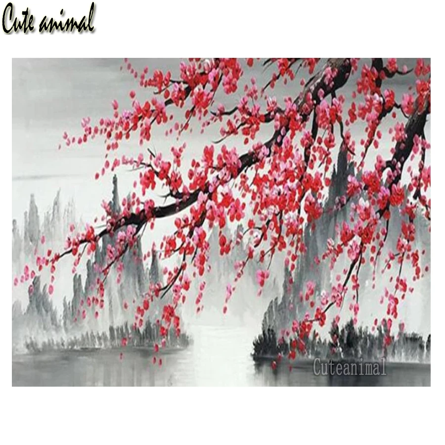

Алмазов картина 5D камни в форме ромба круглый сливы озеро горный картина, Алмазная мозаика стразы цветок вышивка Настенный декор