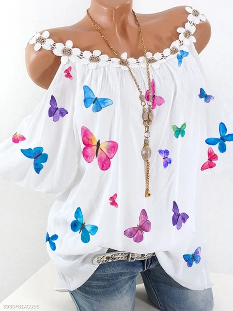 

Women Blouses Summer 2021 Fashion Butterfly Top Plus Size Elegant Ladies Lace Collar Off Shoulder Tops White Print Blouse Shirt