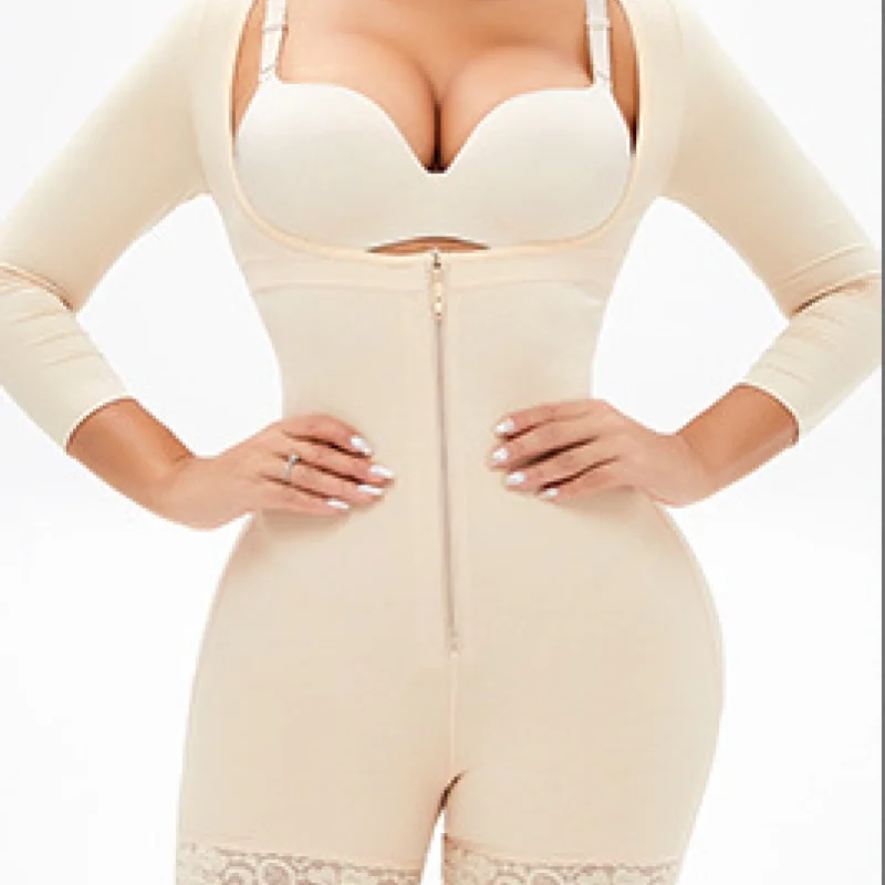 

Women Bodysuits Long Sleeve Adjustable Strap Button Zipper Waist Abdomen Tight Body Shaper Short Body Shapewear