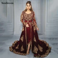 smileven algerian caftan burgundy formal evening dresses velvet special occasion dresses lace appliques outfit prom party gowns