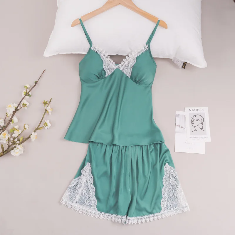 

Women's Pajamas Sets Summer Sexy Lingerie Loose Sling Sleepwear V-neck Lace Nightwear Pyjama Pour Female Tops Shorts Home Suit