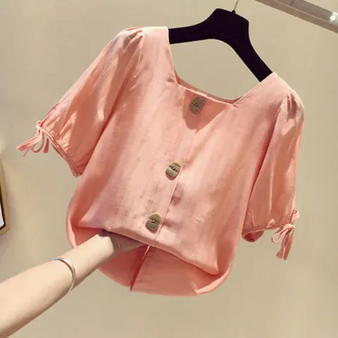 

2021 Лето Женская рубашка свободного кроя однотонный Цвет топы для девочек, блузка для женщин короткий рукав шифоновая блуза с прямоугольным ...