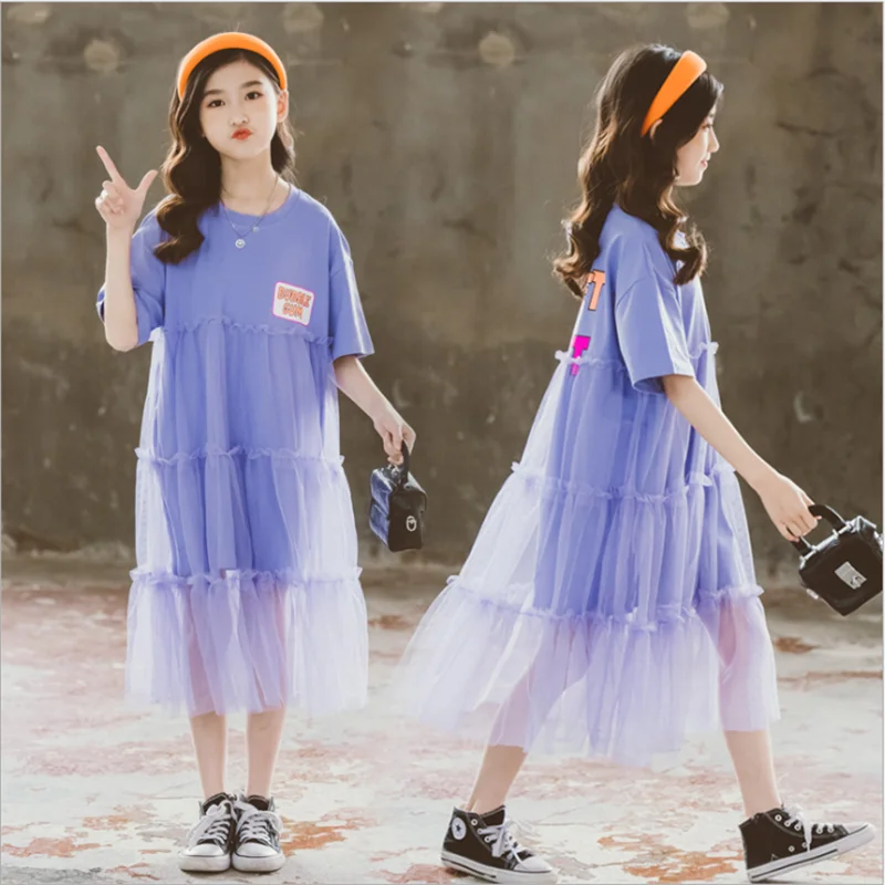 

5-16 Years of Teens Girls Dresses for Kids Purple Cotton Mesh Short-sleeved Dress 2021 Summer Casual Clothes