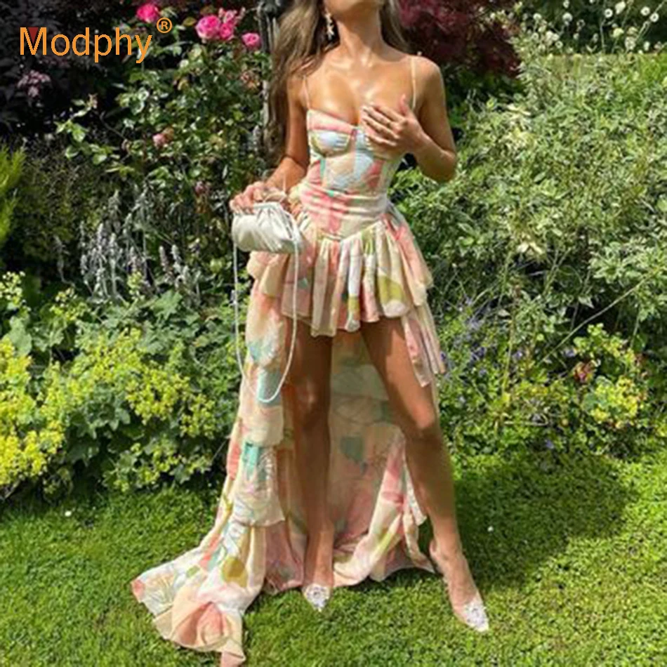 Женское платье в пол с каскадными оборками элегантное вечернее принтом лето 2021 |