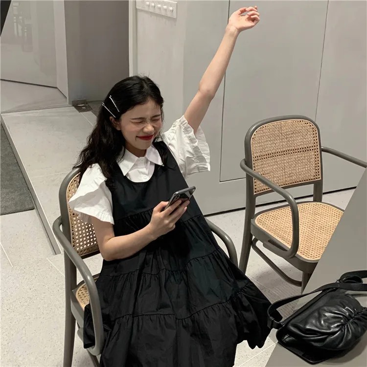 

Summer Harajuku Two Piece Set Women Short Sleeve White Shirt and Suspenders Ball Gown Mini Dress Kawaii Cute 2 Piece Outfits