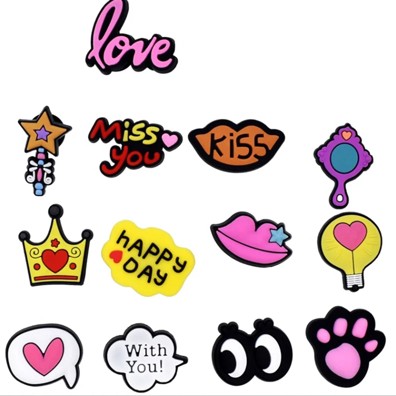 

10pcs Novelty Cute Shoe Charms Accessories Miss You Love Kiss Crown Shoe Buckle Decoration For Kids X-mas Party Gifts