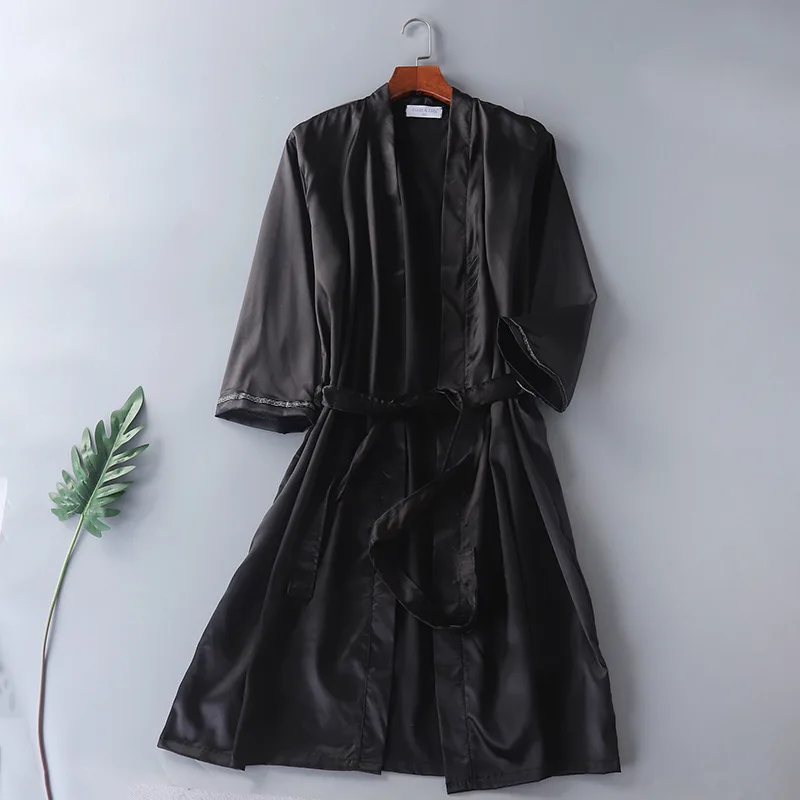 Мужской и женский шелковый халат ночная рубашка летнее однотонное кимоно с