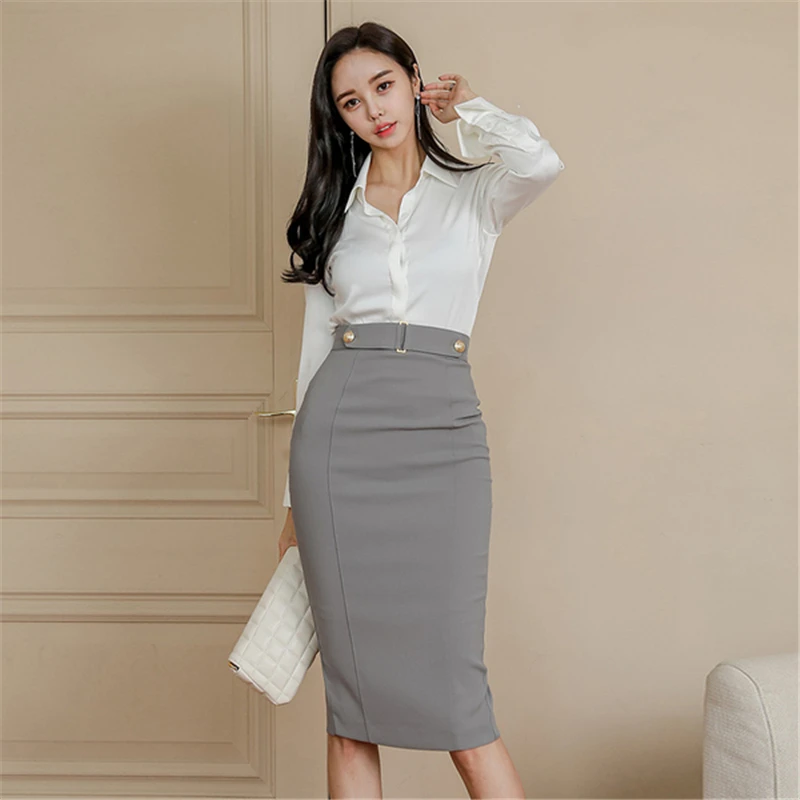

Women Two Piece Set 2020 Autumn New Office Lady White Turn-down Collar Long Sleeve Shirt Top + High Waist Bodycon Skirts Suits