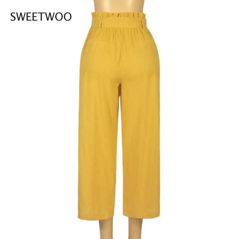 

Women Fashion Elastic Waist Wide Leg Capris Trouser Spring Summer Ankle-Length Pants Female Casual High Waist Straight Pant