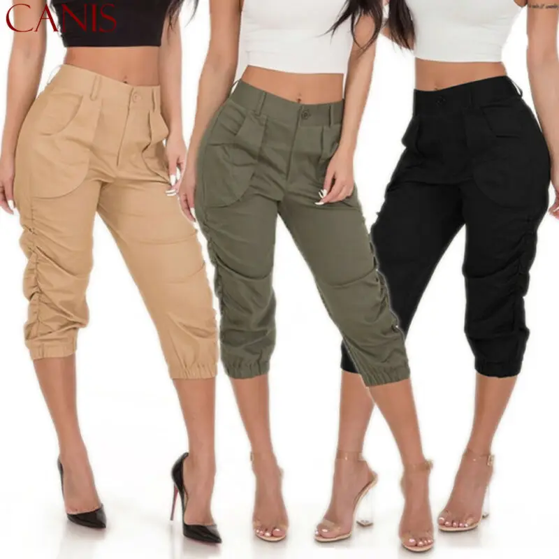 

Streetwear Ladies 3/4 Trousers Women's Three Quarter Elasticated Waist Capri Cropped Pants Pleated Fashion Pants