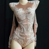 sparkly pearls crystals bodysuit women one piece nude outfits celebrate party glisten leotard rhinestones costumes singer wear