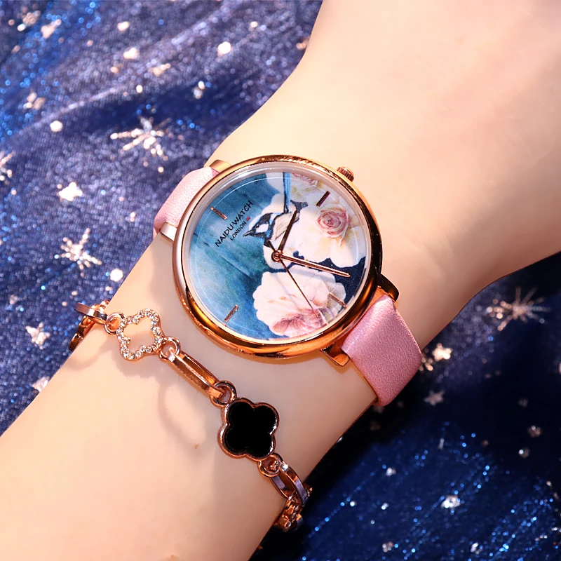 Классический Цветочный ультра тонкий ремешок часы Роскошные женские наручные