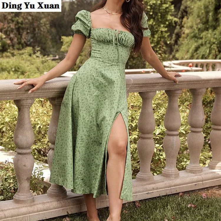 

Summer Short Sleeve Floral Print Dress Beach Style Casual Backless Harajuku Dress Sexy Split Midi Maxi Dress