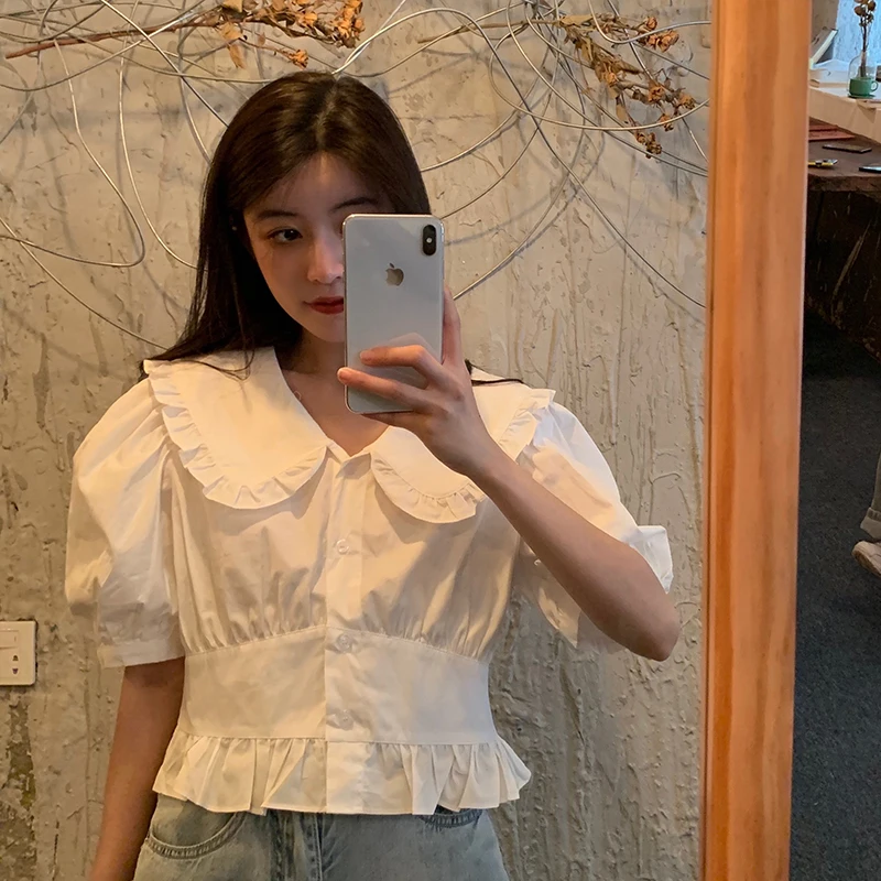

White Puff Sleeve Women's Summer Design Sweet Niche Waist Slimming Doll Collar Short Shirt Top