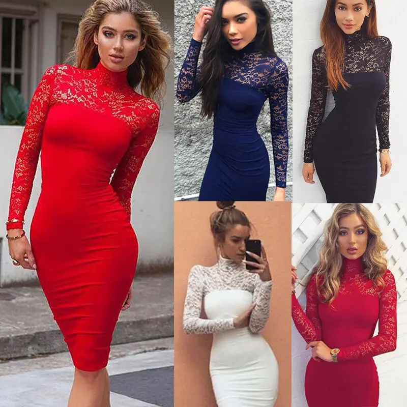 

Sexy Women Lace Dress Casual Long Sleeve Dresses Womens Skinny Turtleneck Woman Clothes Bodycon Female Solid Short Dress
