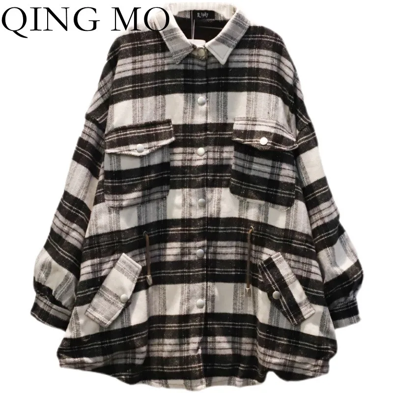 

QING MO Large Size Plaid Color Matching Lapel Long Sleeved Shirt Women 2021 Autumn New Cardigan Single Breasted Blouse ZWL1350