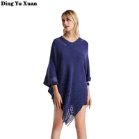 womens irregular autumn warm pullover sweater women casual cashmere v neck capes ponchos hollow out tassel knitted top shirts