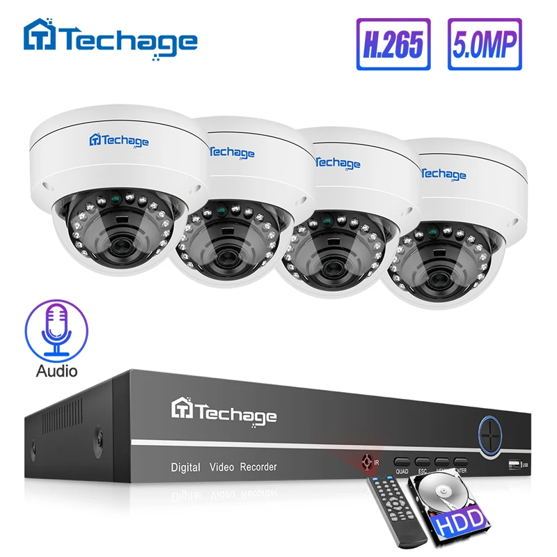 Techage H.265 8CH 5MP HD POE NVR комплект POE Система видеонаблюдения Аудио Микрофон купольная ip-камера Крытый P2P комплект видеонаблюдения