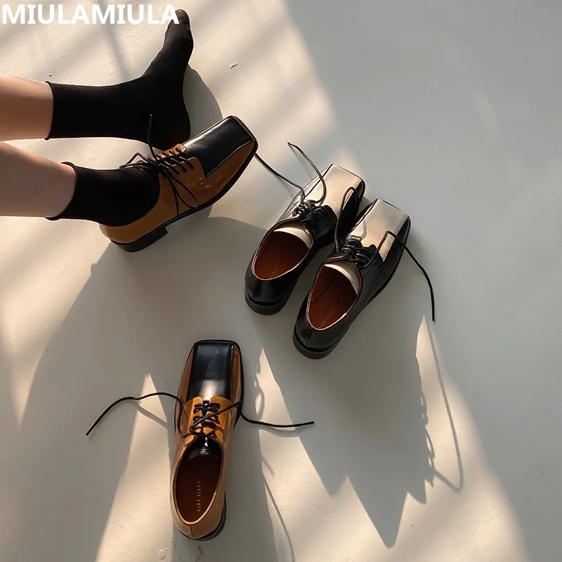 

Hot Fashion Square Toe Mix Colors Women's Flats Brand Designer Lace Up Black Brown Leather Socofy Bottom Loafers Moccasin Casual