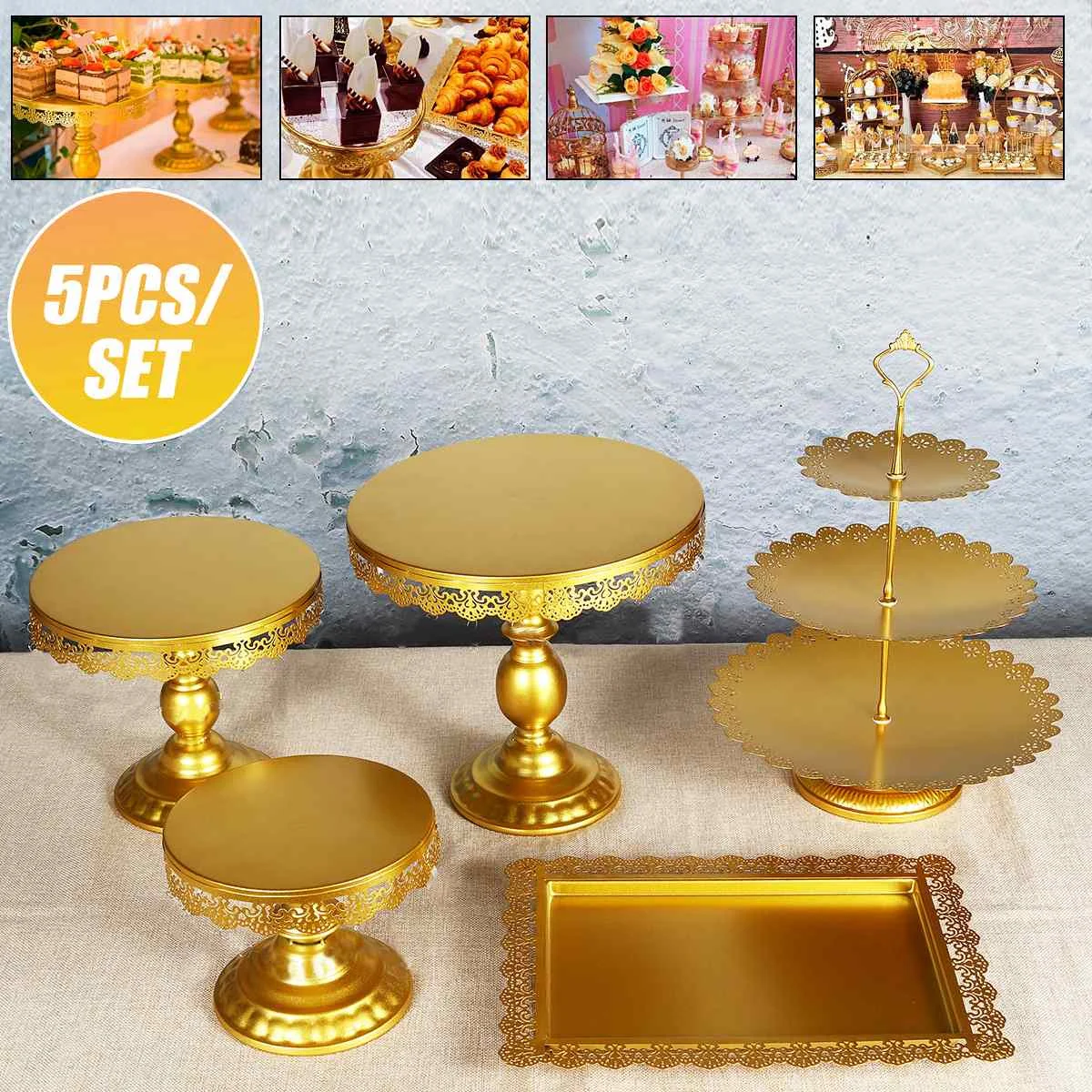 

5pcs Gold Crystal Cakeholder Cupcake Stand Dessert Display Plate Wedding Birthday Party Decor