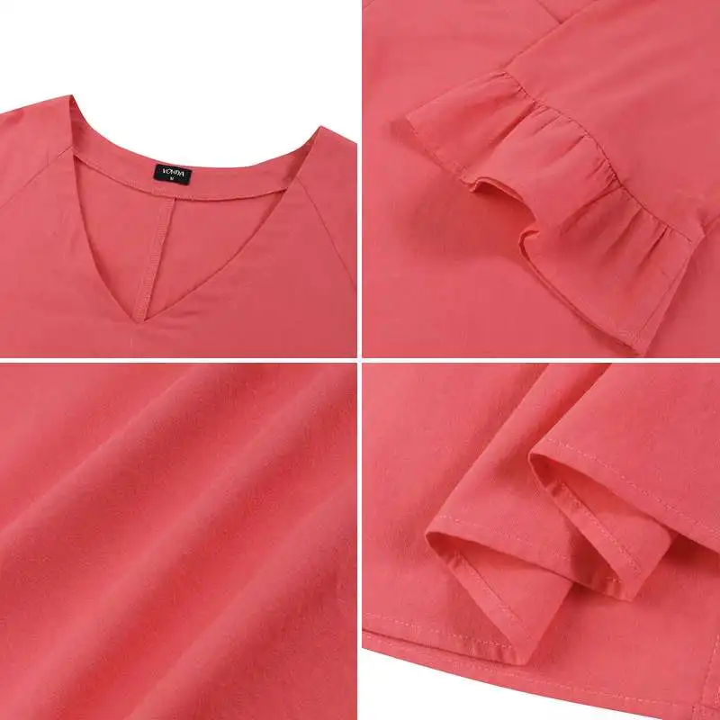 

Women Solid Dress 2021 VONDA Summer Casual Ruffled Sleeve V Neck Cotton Dresses Baggy Vestidos Loose Beach Sundress Oversized