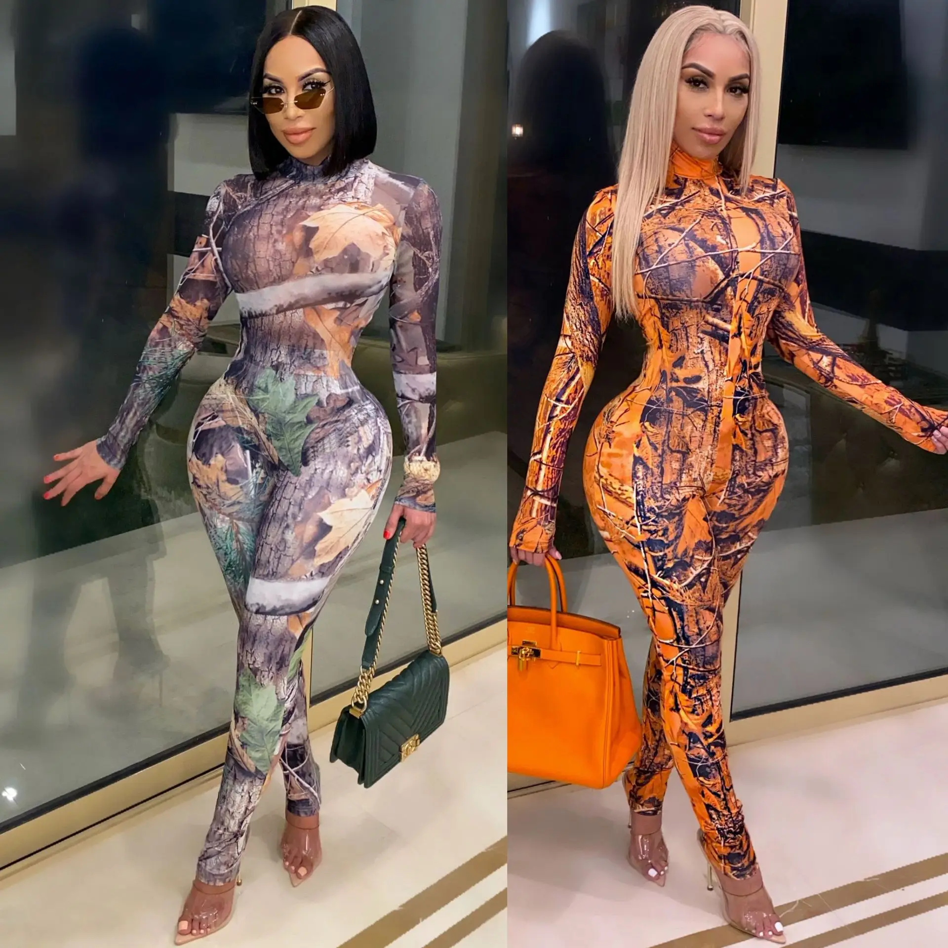 

2021 Multi Color Print Jumpsuit Woman Long Sleeve Mock Neck Leggings Night Club Wear Rompers Outfits One Piece Bodycon Overalls