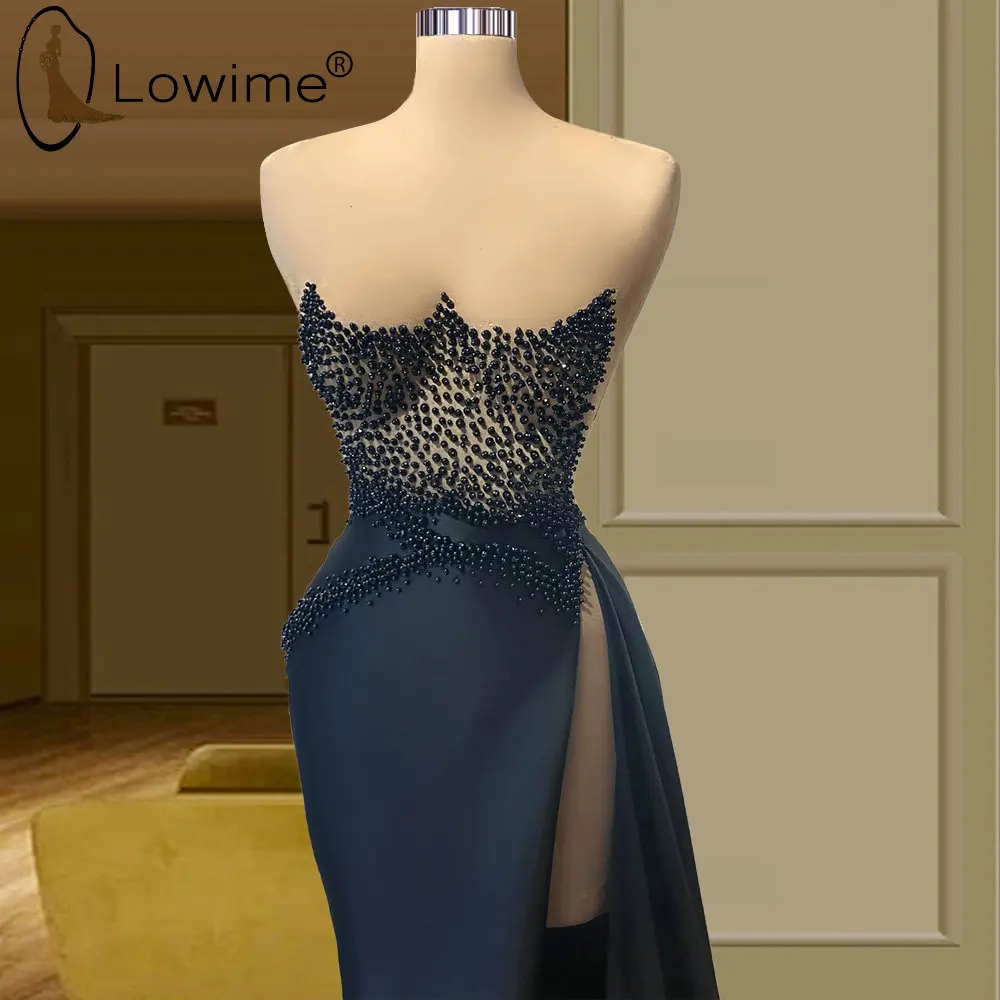 

Sexy High Slit Black Pearls Mermaid Evening Dresses 2021 Long Satin Strapless Formal Wedding Party Prom Gowns