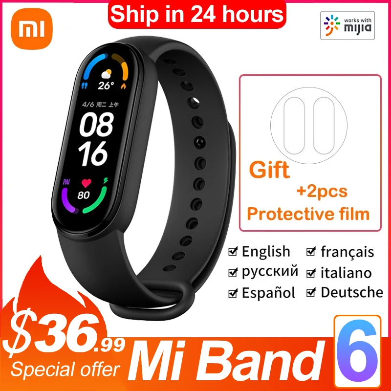 

Умный Браслет Xiaomi Mi Band 6, водонепроницаемый фитнес-трекер с AMOLED экраном, с функцией измерения сердечного ритма, Bluetooth, 5 атм
