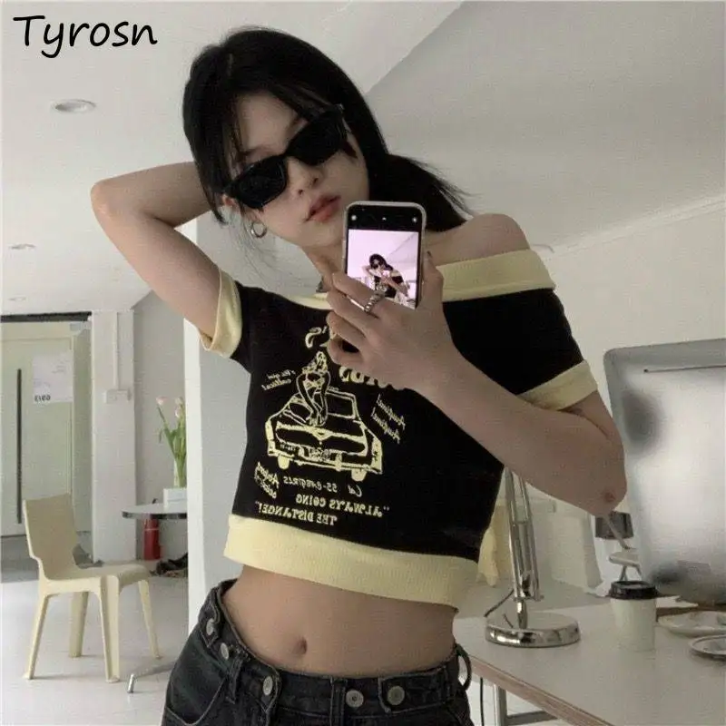 

Women Crop Top Summer T-shirts Slash Neck Cartoon Printed Sexy Hot Slender Skinny Y2k Ulzzang Harajuku Streetwear All-match New