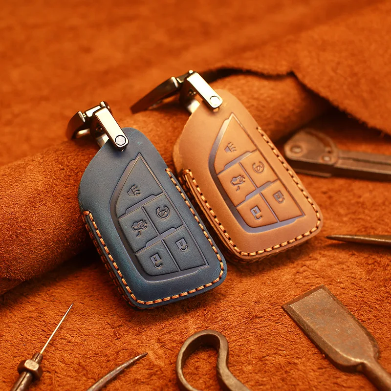 

Кожаный чехол для автомобильного ключа ручной работы чехол для ключа для Cadillac CT5 2019 2020 5 кнопочный смарт-ключ для автомобиля