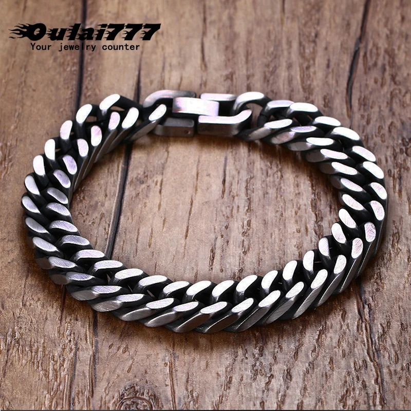 

oulai777 stainless steel Steel color bracelet men chain hand black chain bracelets cuban link retro rock charm male accessories