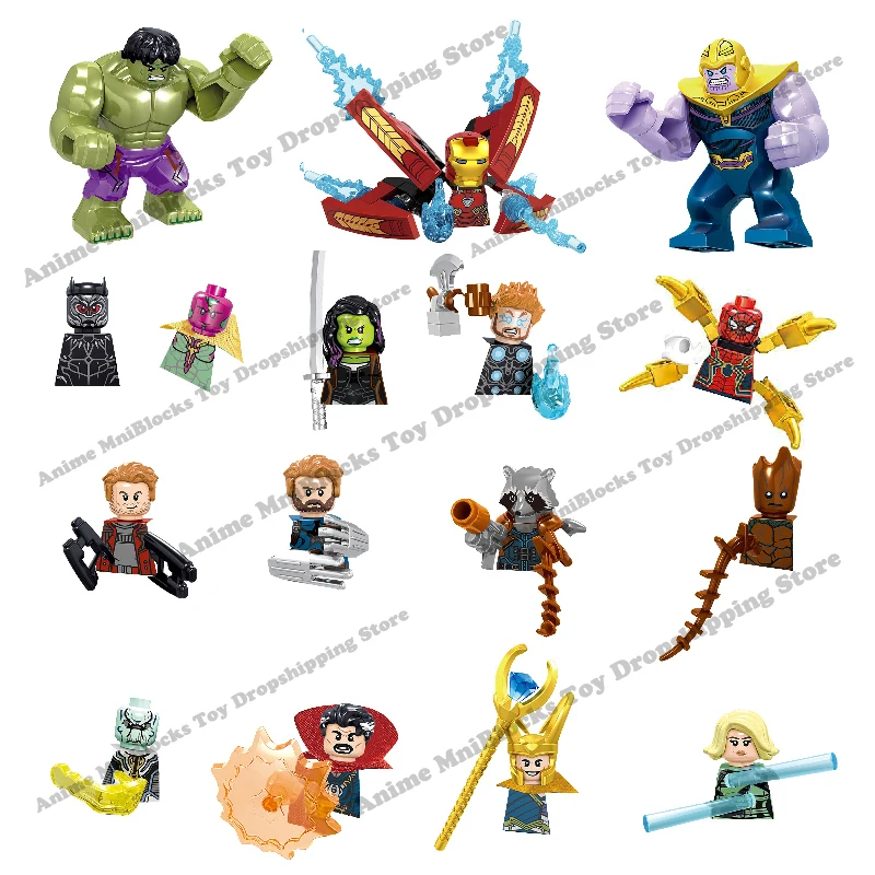 

16pcs Disney anime movies bricks Iron man Spiderman Hulk Thanos captain America mini action toy figures Assemble toys kids gifts