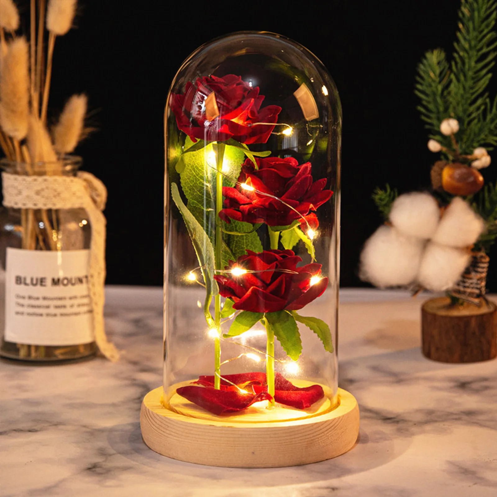 

Rose Simulated Roses Galaxy Flower Gift Dome Birthday Artificial Led Gifts Anniversary Women Wedding Decor Glass Cover Ornaments