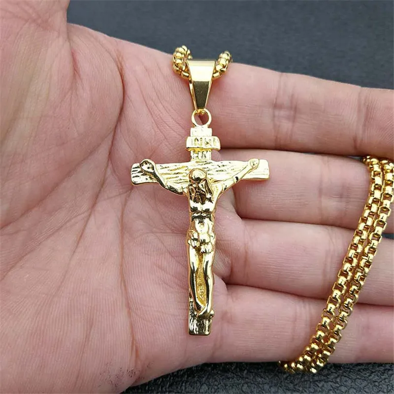 

Crucifix Jesus Christ Men Jewelry Gold Color Stainless Steel Cross Pendant With Neck Chain Necklaces For Man Dropshipping