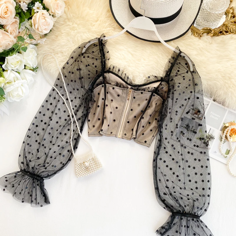 Женская блузка с рукавами-фонариками MUMUZI короткая сетчатая квадратным