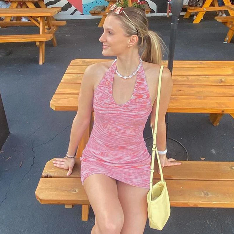 

Summer Beach Sleeveless V Neck Mini Dresses Y2K Pink Striped Backless Bodycon Knitted Halter Dress Women Club Party Streetwear