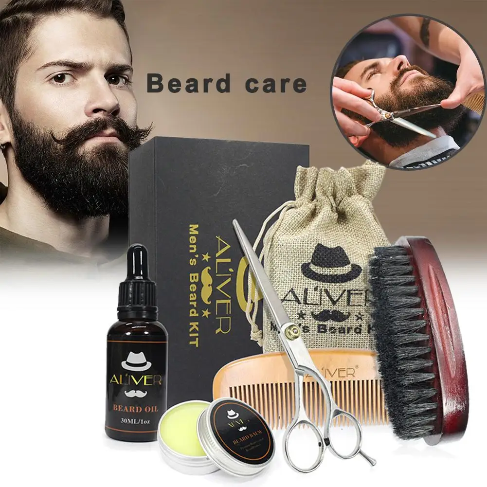 

New Hot Selling 5PCS/Set Men's Beard Care Set Beard Oil Wax Scissors Bristle Brush Modeling Tool