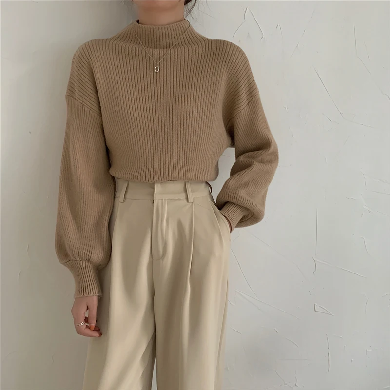 

Korean Fashion y2k Lantern Sleeve Turtleneck Sweater White Long Sleeve Tops Pull Femme Winter Clothes Women Knitted Pullovers