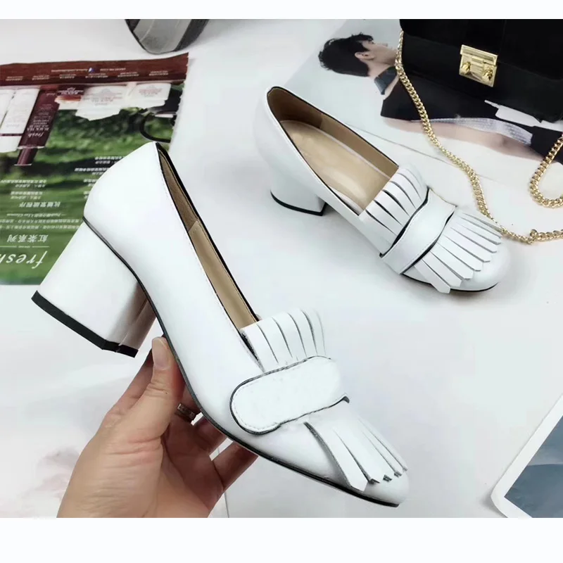 

ollymurs Heels vintage loafers Genuine Leather shoes Black with fold over fringe 3.3" heel height Tacones altos Christmas Gift