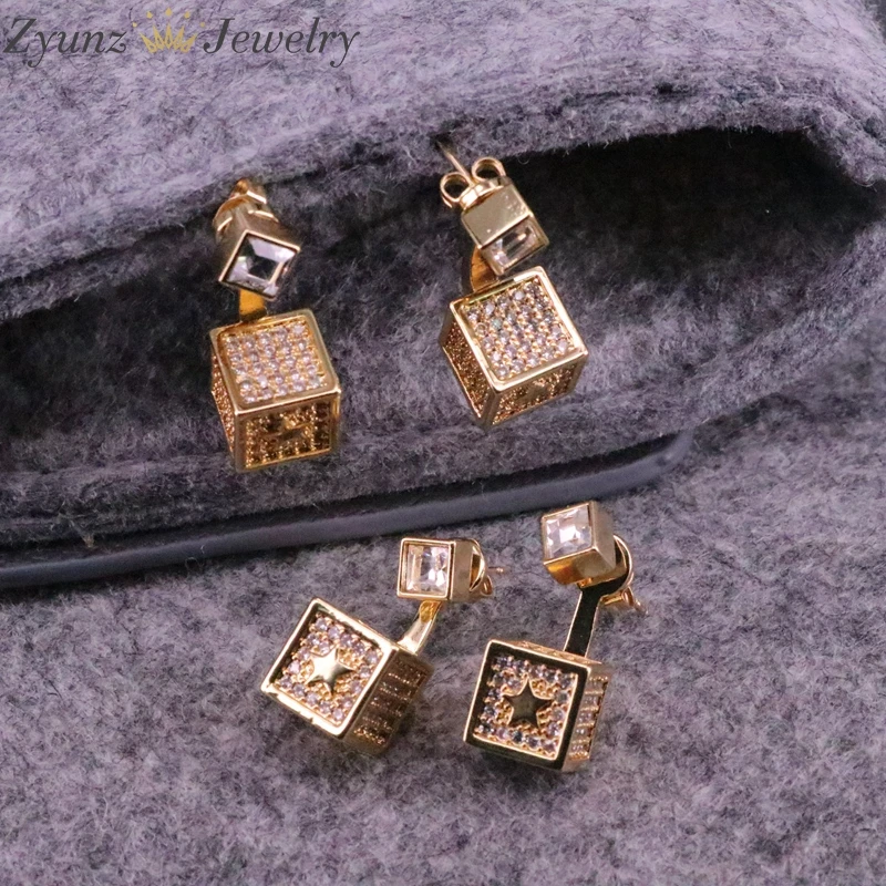 

3 Pairs, Micro Pave Cubic Zircon Earring Gold Color Hip hop Star Pattern Jewelry Copper CZ Paved Square Stud Earrings Push-back
