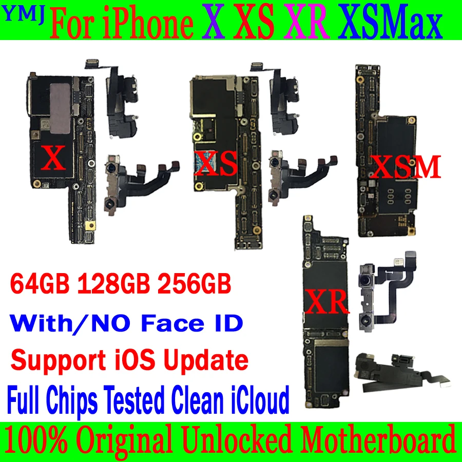 Enlarge 100% Original unlocked For iPhone X XR XS MAX Motherboard Free icloud,With/No Face ID Logic board Support Update Good Test Plate