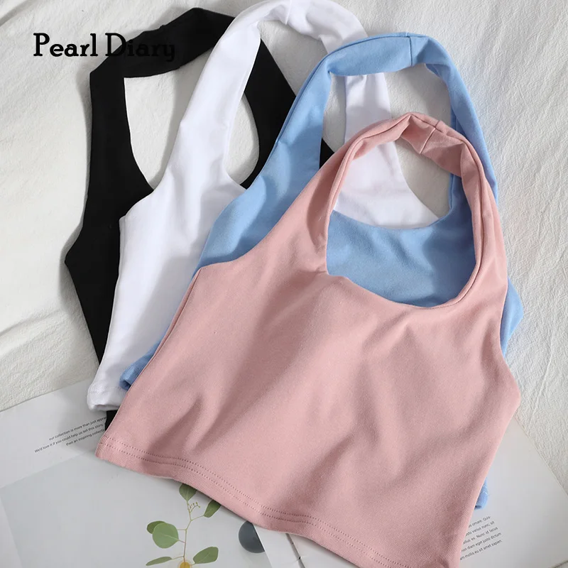 

Pearl Diary Women Halter Neck Sexy Crop Tops Summer Solid Color Backless Short Tops Going Out Club Tops