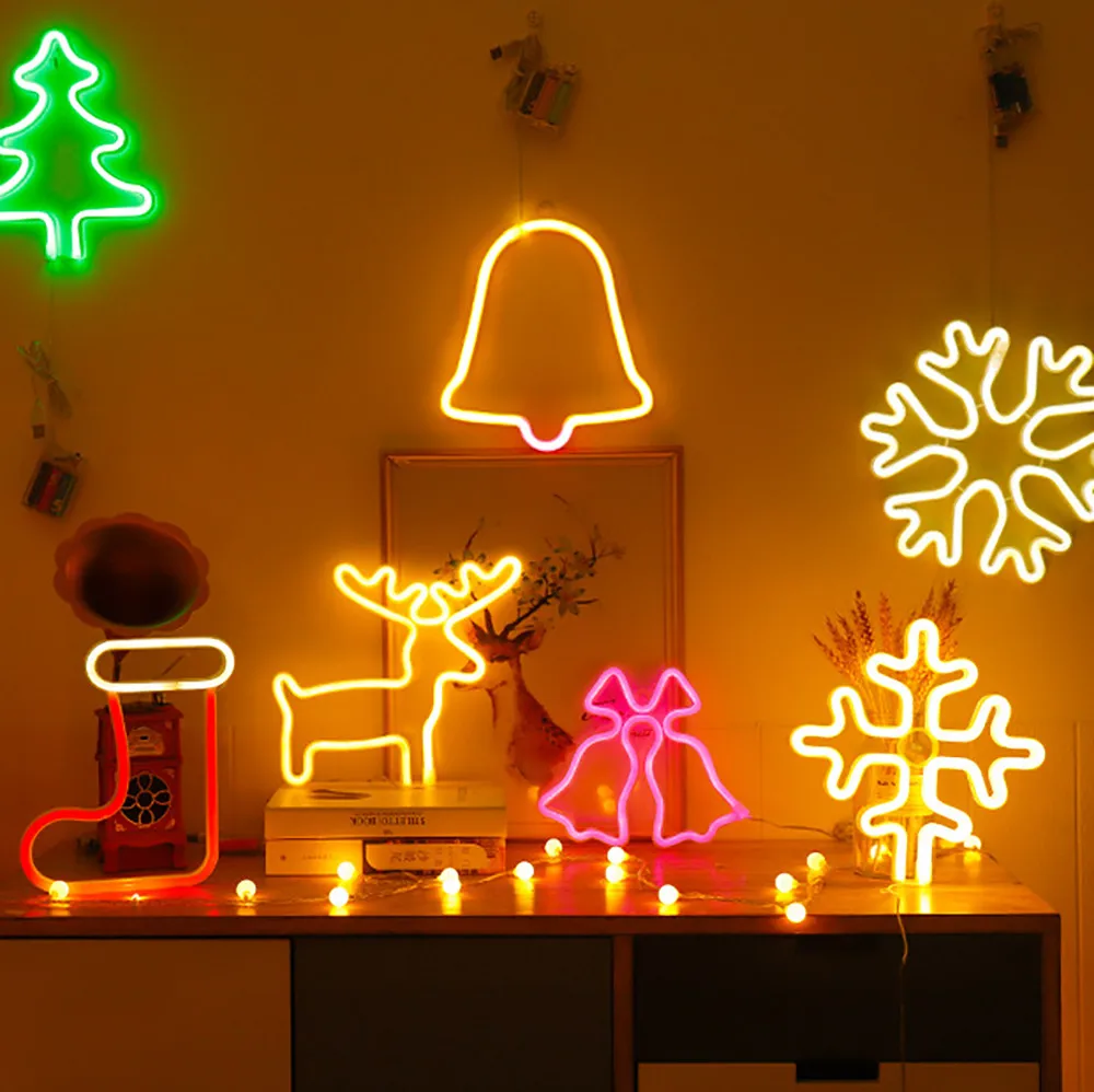 

Led Neon Light Sign Room Wall Decor Night Lamp Christmas Tree Hat Socks Elk Bell Snowflake Xmas Wedding Party Decor Neon Lamp