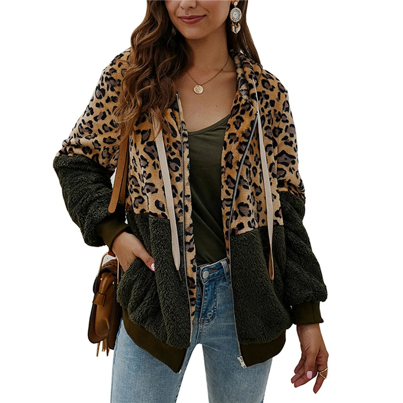 

Ladies Warm Hooded Coat Women Fashion Leopard Patchwork Overcoat Ladies Plush Coat New Autumn Winter Tops For Female Plus Size