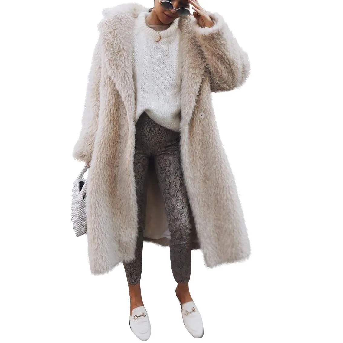 

Winter Long Coat Women White Faux Fur Overcoat Warm Ladies Fur Jacket Female Plush Turn Down Collar High Street Outwear Elegant
