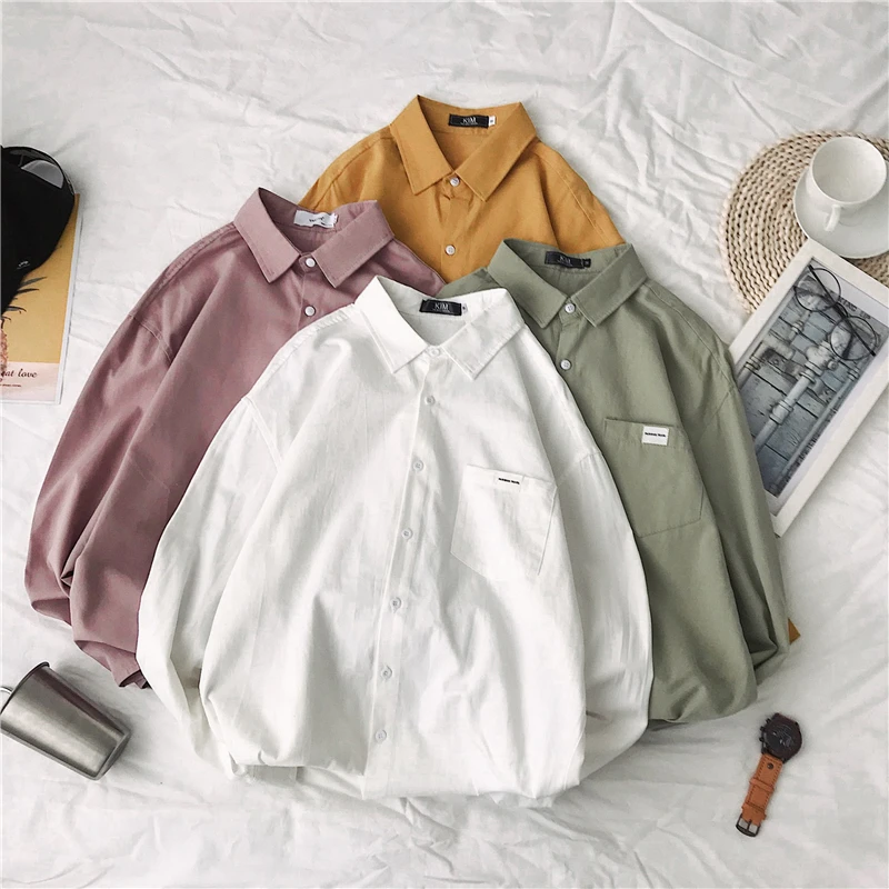 

Spring Men Shirts Large Size 3XL Loose Korean Style Fashion Ulzzang Chic Pocket All-match Teens Simple Streetwear Harajuku Tops