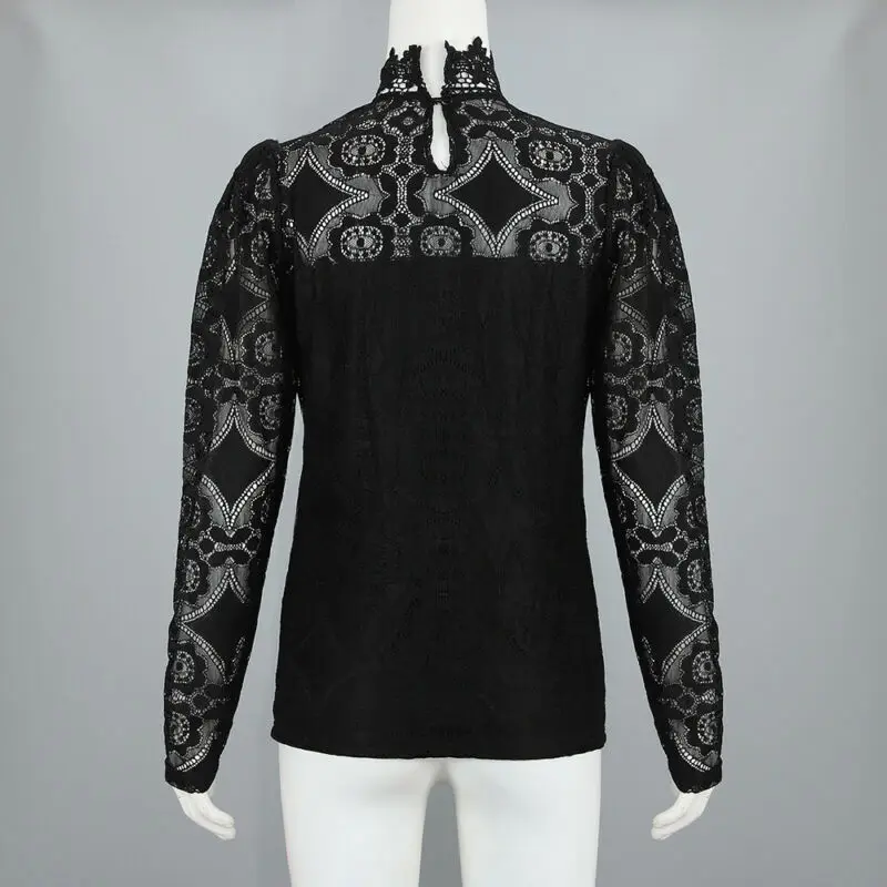 

New Women Lace Sheer Long Sleeve Tops T Shirt Casual Solid OL Blouse Pullover